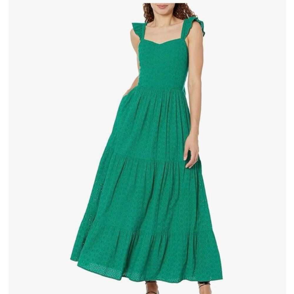 The Drop Tulsi Green Eyelet Open Back Maxi Dress Cotton Tiered Ruffle M
New